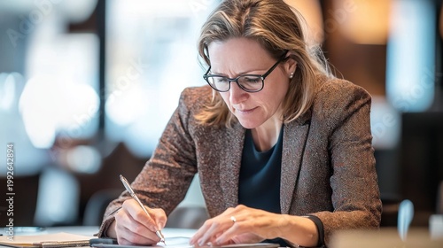 Businesswoman writing notes on tablet during corporate meeting