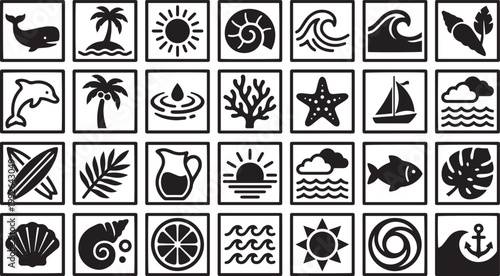Black and White Ocean Icons on White Background