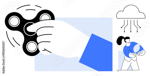 Stress relief, technology innovation, mindfulness, cloud storage, connectivity, data sharing. Hand spinning a fidget spinner, cloud and tech elements around. Stress relief and technology innovation