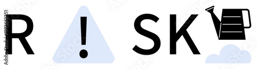 Risk management, decision-making, warning signals, growth strategies, uncertainty, caution. Visual elements include an exclamation mark in a triangle, a watering can and letters spelling risk. Risk