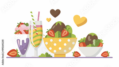 Colorful desserts including ice cream fruit and chocolate are displayed