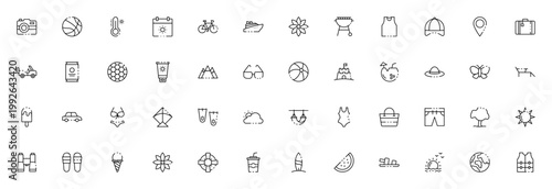 Summer icon set. Vector illustration collection. Includes symbols for beach, travel, vacation, sun, camera, ball, ice cream, swimsuit and more. Editable stroke.