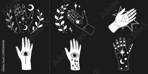 Mystical hands with celestial symbols and botanical elements in white linework