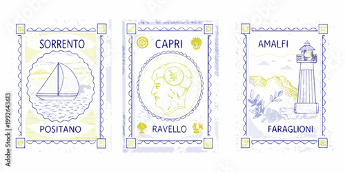 Vintage inspired travel postcards depicting coastal towns of the amalfi coast