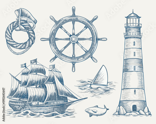 Vintage nautical elements including ships lighthouse and steering wheel sketch
