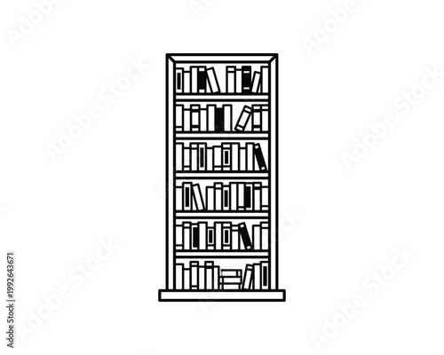 Minimalist line art illustration of a tall bookshelf filled with various books.