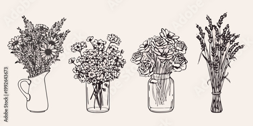 Delicate floral arrangements in vases a sketched botanical illustration