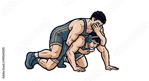 Wrestlers in intense grappling match, one pinning the other with determined effort.