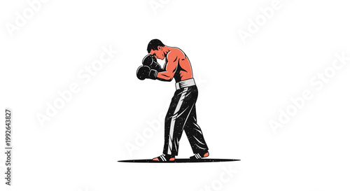 Boxer in defensive stance, isolated on white background