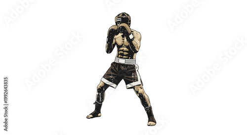 Boxer in fighting stance, ready for combat, white background