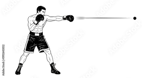 Boxer Punching Isolated Black and White Illustration