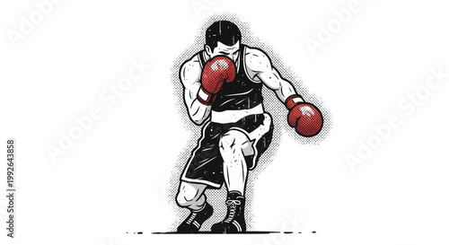 Boxer in stance, red gloves, black shorts, white tank top, vintage style illustration