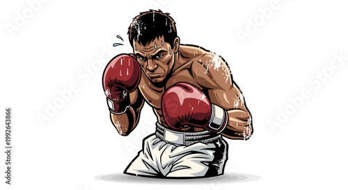 Boxer in fighting stance, red gloves, white shorts, determined expression, isolated on white background