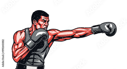 Boxer punching with intensity, athletic build, focused expression, wearing gloves.