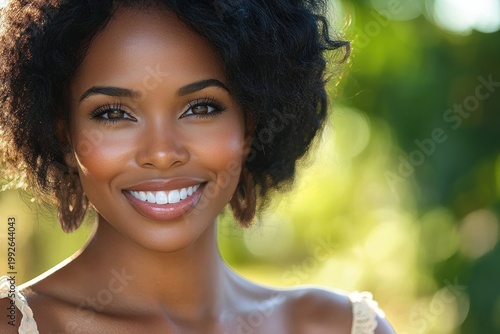 outdoor head-and-shoulders portrait of a person with short curly hair and exposed shoulders against sunlit green bokeh, calm and serene mood