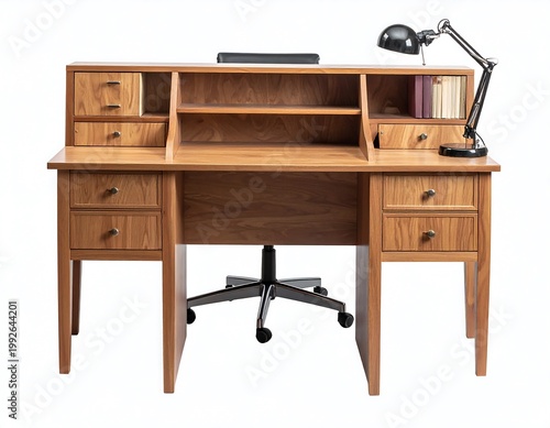 Wooden desk with hutch, drawers, a small black lamp, and a black chair in front