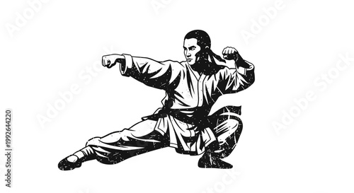 Martial artist in dynamic kung fu pose, black and white graphic illustration