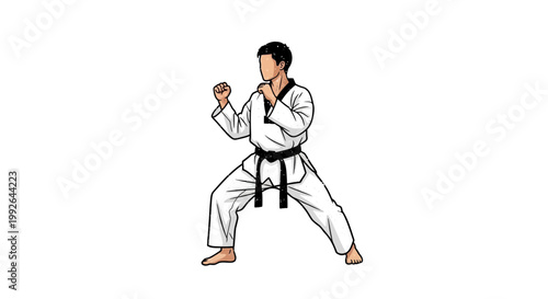 Martial artist in fighting stance, taekwondo uniform, white background