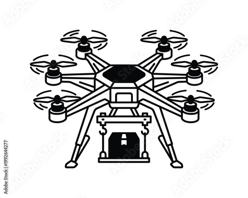Octocopter drone carrying a delivery package line art vector illustration for logistics and shipping.
