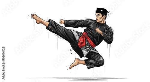 Martial Artist Performing High Kick in Traditional Outfit