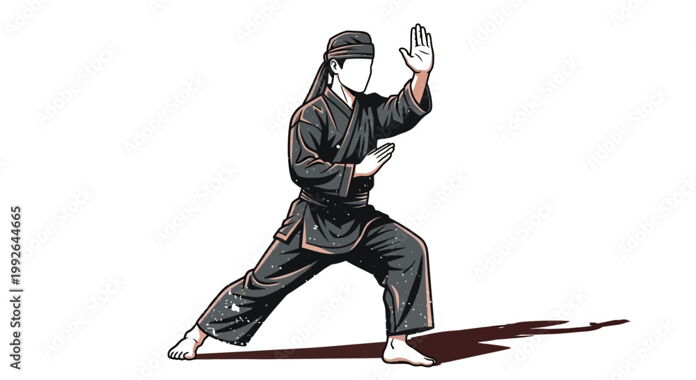 Fototapeta premium Pencak Silat martial artist in traditional uniform, dynamic pose, white background.