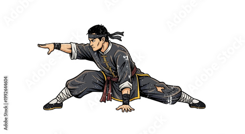 Martial arts warrior in dynamic combat pose, traditional outfit, white background