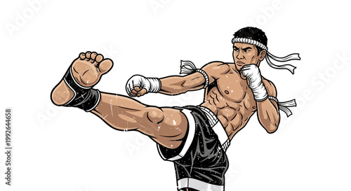 Thai boxer performing a high kick, dynamic action pose, isolated on white