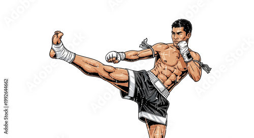 Thai boxer performing a high kick with clenched fists, isolated on white
