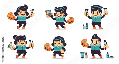 Cartoon illustrations of female artists with art supplies and beauty products