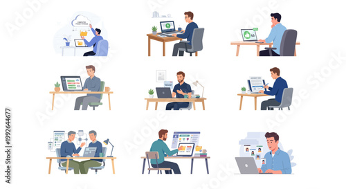 Remote Work and Freelance Business Activities Illustration Set, People Working from Home, Online Collaboration and Digital Workspace Concept