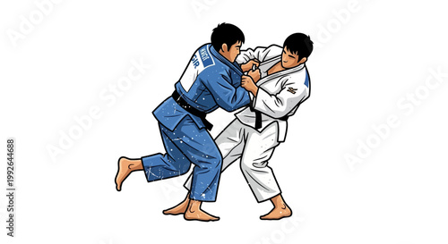 Two judo athletes in combat, one in blue gi, one in white gi, grappling