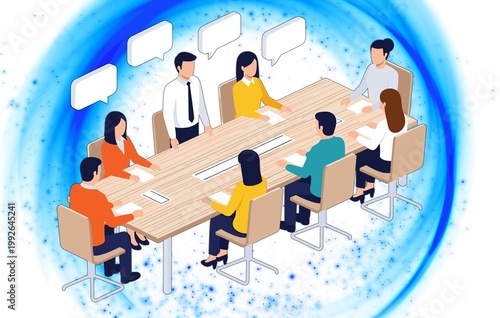 Business Team Meeting and Collaboration Concept: Group of Professionals Having a Discussion in a Boardroom with Speech Bubbles.