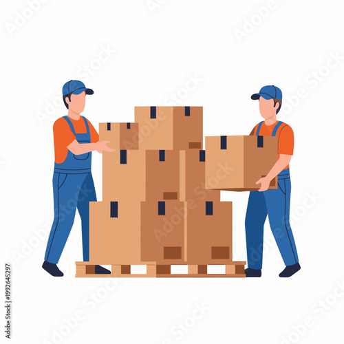 Two male movers in blue uniforms handling cardboard boxes on a wooden pallet, illustrating moving, delivery, or logistics services.