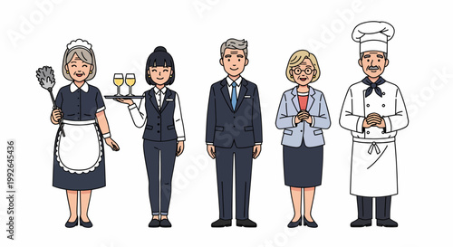 Cartoon illustration of diverse service industry professionals including a maid, waitress, manager, and chef, standing and smiling.