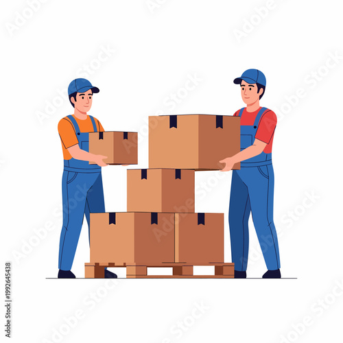 Two male movers in blue uniforms are carefully stacking and carrying cardboard boxes on a wooden pallet, illustrating professional moving and delivery services.