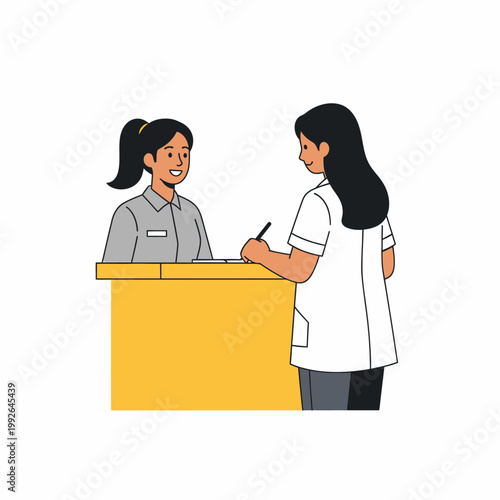 Two women, a receptionist and a medical professional, interacting at a yellow reception desk, with one writing on a clipboard.