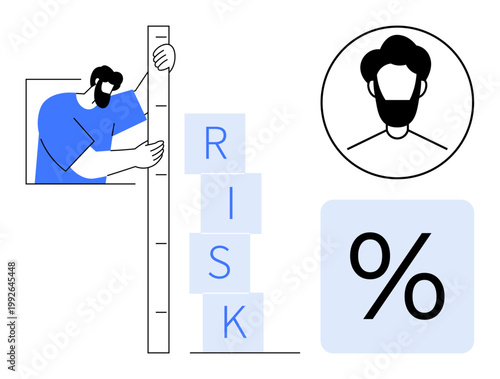 Risk assessment, decision-making, safety evaluation, financial analysis, business planning, data accuracy. Man measuring risk using tools. Risk management and decision-making concept
