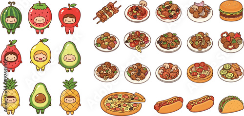 Cartoon Food Character Vector Collection Featuring Fruits, Pasta, Pizza, Burgers, Hot Dogs, and Tacos