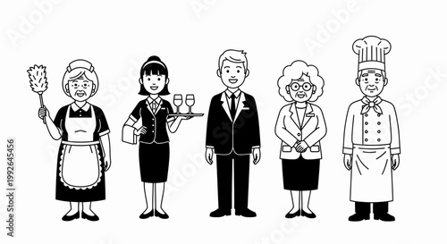 A group of five diverse service industry professionals, including a housekeeper, waitress, manager, administrator, and chef, standing in a line.