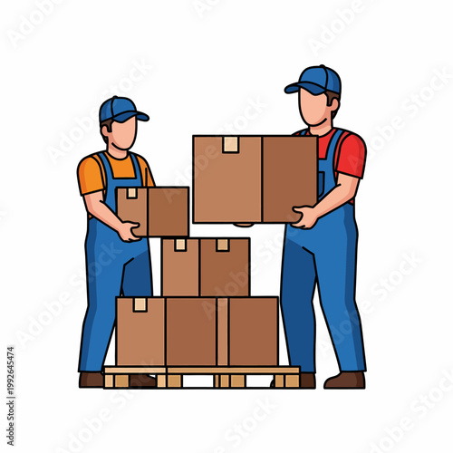 Two movers in blue uniforms carrying and stacking cardboard boxes on a wooden pallet, representing a moving or delivery service.