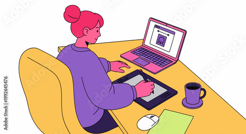 An illustration of a woman working on a digital design project at her desk using a graphics tablet and laptop.