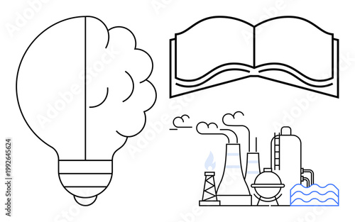 Education, innovation, technology, industry, energy, sustainability. Lightbulb brain, open book industrial factory outline. Innovation and education ideas creatively