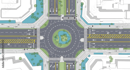 Aerial View of a Modern Roundabout Intersection with Traffic Flow.