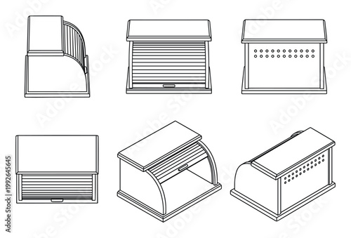 Outline vector illustrations of an antique bread box from multiple perspectives.