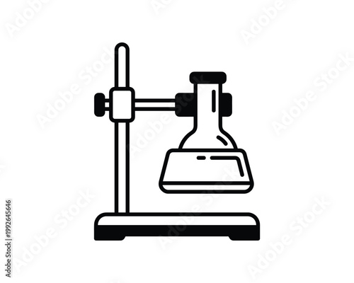Outline vector illustration of laboratory retort stand holding a scientific flask. Simple chemistry experiment equipment icon.