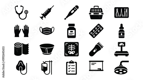 Medical Icons Set with Stethoscope, Syringe, Face Mask and and Hospital Equipment