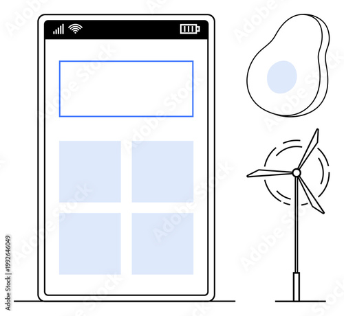 Renewable energy, clean technology, mobile app design, sustainable innovation, eco-friendly solutions, environmental awareness. Smartphone interface, wind turbine abstract element. Renewable energy
