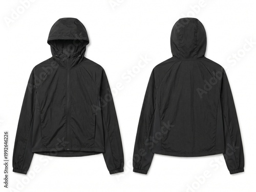 Photos Black Hooded Windbreaker Jacket Mockup, Front and Back View Isolated on White Ba