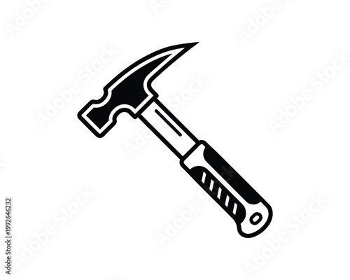 Simple black and white icon of a geological rock hammer with a pick and striking face.