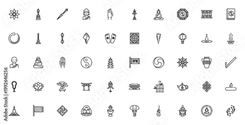 Buddhism icon set. Vector symbols pack featuring Lotus, Buddha, Mandala, Yin Yang, Pagoda, Dharma Wheel, Vase, and more. Editable stroke.